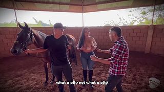 tits pop out and the instructor sucks them, then another man takes out his cock to fuck her big cunt